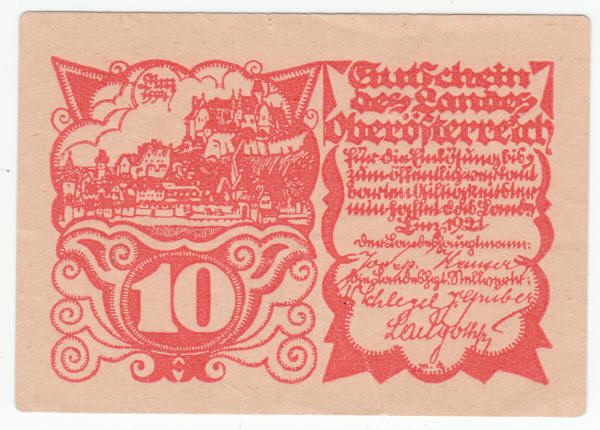 1921 Austria 10 Heller Note front