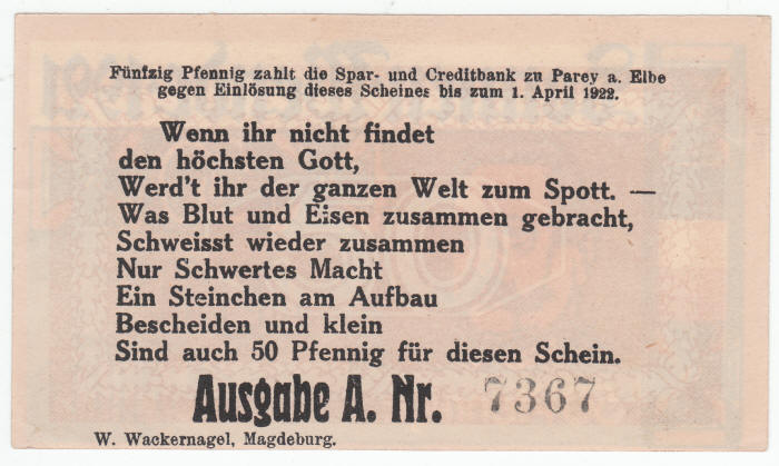 1921 Germany 50 Pfennig Note back