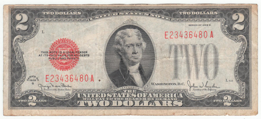 1928 Series G US Jefferson Two Dollar Bill