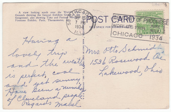 1933 Chicago Worlds Fair Exhibit Grounds Post Card back