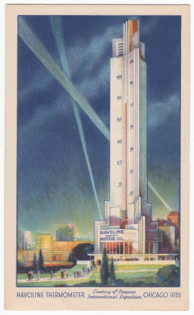 1933 Chicago Worlds Fair Havoline Thermometer Post Card