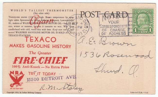 1933 Chicago Worlds Fair Texaco NRA Post Card back