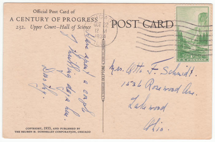 1933 Chicago Worlds Fair Hall of Science Post Card back