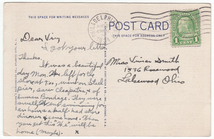 1934 Atlantic City Steel Pier Post Card back