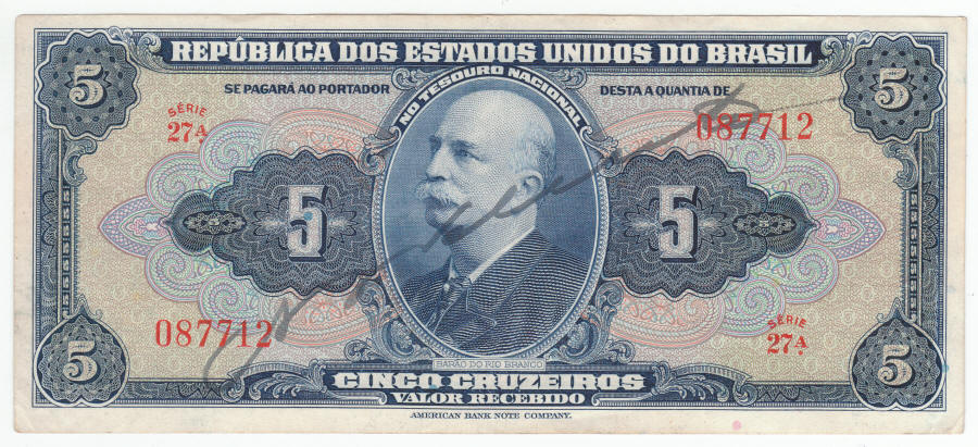 1943 1944 Brazilian 5 Cruzeiros Note front