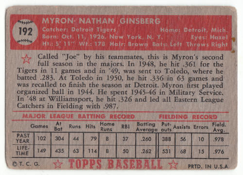 1952 Topps Myron Ginsberg #192 rookie card back