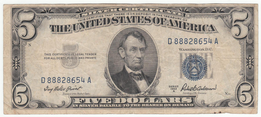 1953 Series A US Lincoln Five Dollar Silver Certificate