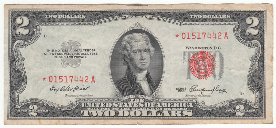 1953 US Jefferson Two Dollar Star Replacement Bill