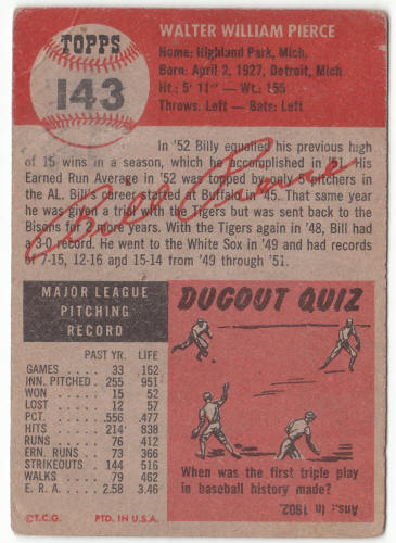 1953 Topps Billy Pierce #143 back
