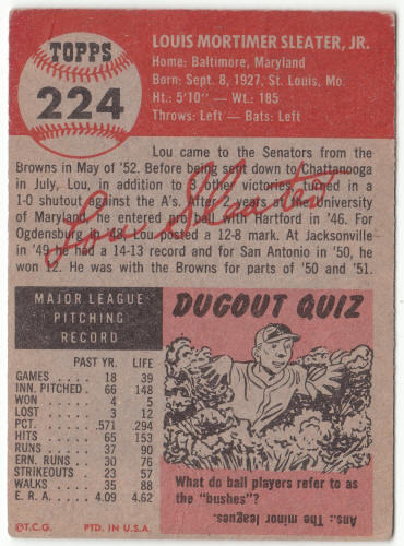 1953 Topps Lou Sleater #224 back