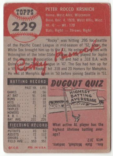 1953 Topps Rocky Krsnich Rookie Card #229 back