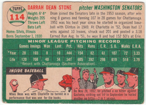 1954 Topps Baseball #114 Dean Stone Rookie Card