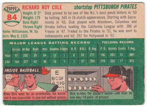 1954 Topps Baseball #84 Dick Cole Rookie Card