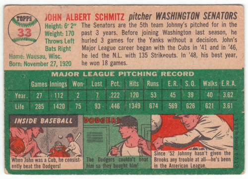 1954 Topps Baseball #33 Johnny Schmitz