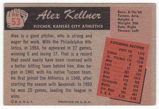 1955 Bowman Alex Kellner #53 back