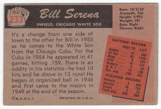 1955 Bowman Bill Serena #233 back