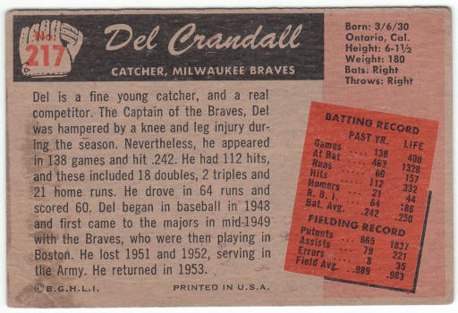 1955 Bowman Baseball #217 Del Crandall