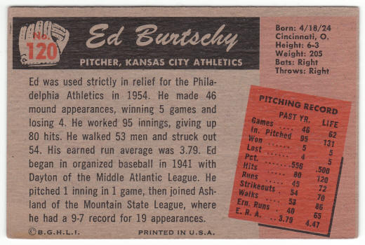 1955 Bowman #120 Ed Burtschy Rookie Card back