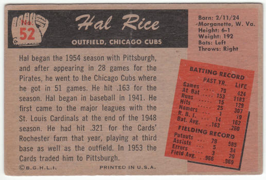 1955 Bowman Baseball #52 Hal Rice