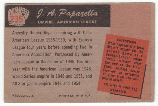 1955 Bowman Joe A Paparella #235 rookie card back