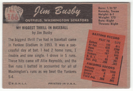 1955 Bowman Baseball #166 Jim Busby
