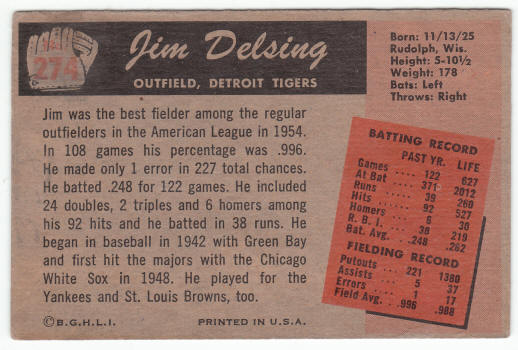 1955 Bowman Jim Delsing #274 back