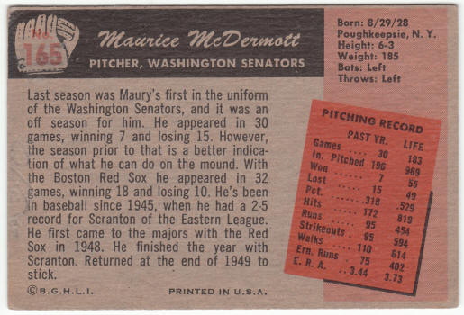 1955 Bowman #165 Mickey McDermott back