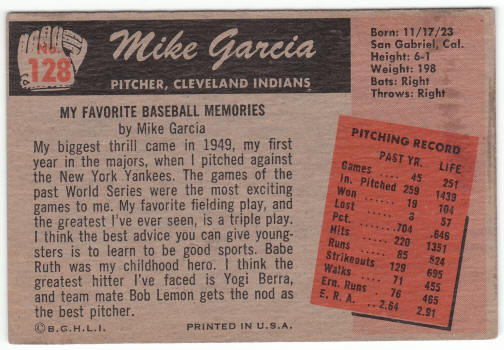 1955 Bowman #128 Mike Garcia back
