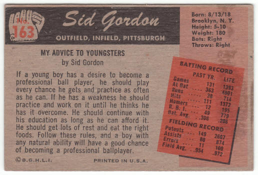 1955 Bowman #163 Sid Gordon back