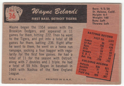 1955 Bowman #36 Wayne Belardi Rookie Card back