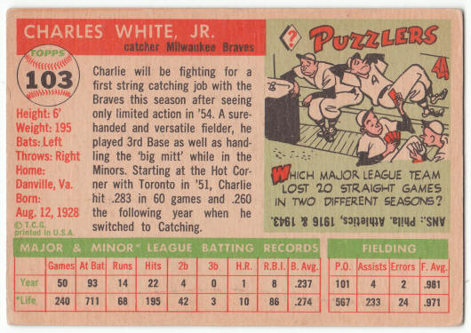 1955 Topps #103 Charlie White Rookie Card back