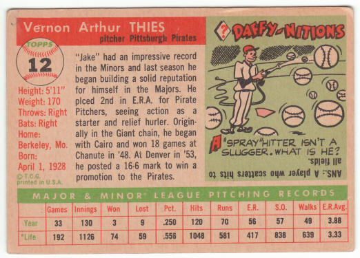 1955 Topps #12 Vernon Jake Thies Rookie Card back