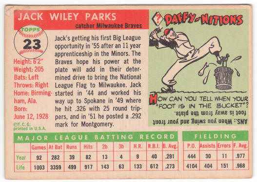 1955 Topps #23 Jack Parks Rookie Card back