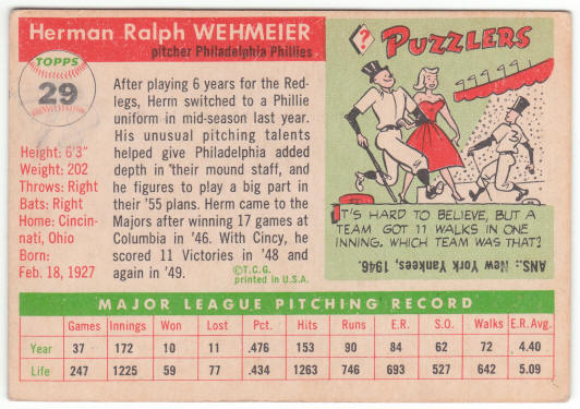 1955 Topps #29 Herman Wehmeier back