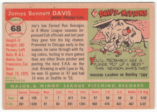 1955 Topps #68 Jim Davis Rookie Card back