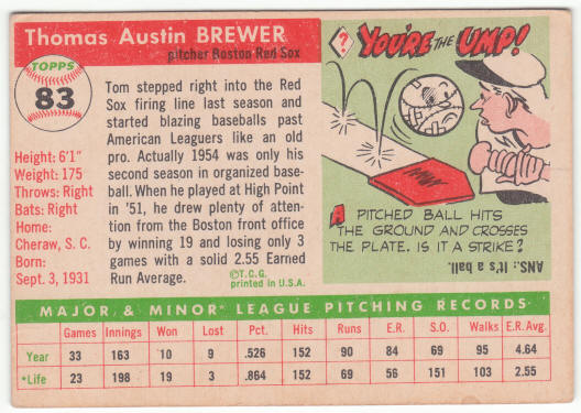 1955 Topps #83 Tom Brewer Rookie Card back