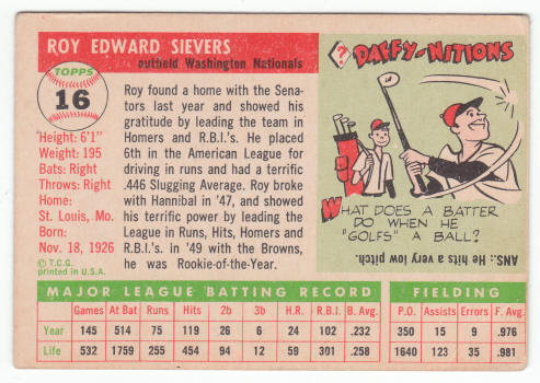 1955 Topps Roy Sievers #16 back