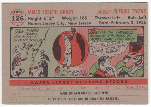 1956 Topps Baseball #126 Jim Brady Rookie Card