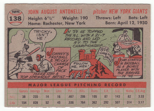1956 Topps #138 Johnny Antonelli back