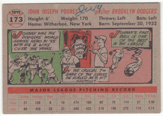 1956 Topps #173 Johnny Podres back