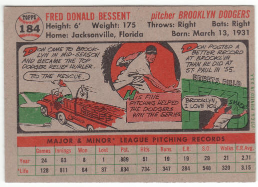 1956 Topps Baseball #184 Don Bessent Rookie Card