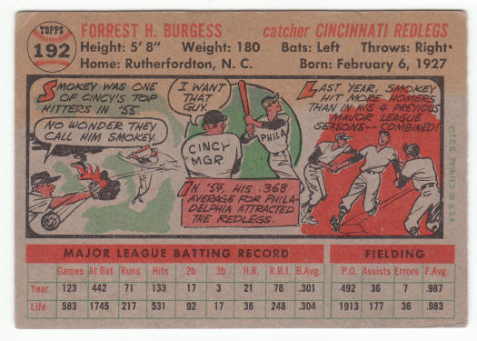 1956 Topps #192 Smoky Burgess back