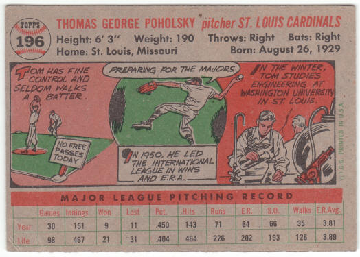 1956 Topps Baseball #196 Tom Poholsky