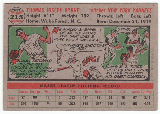 1956 Topps Tommy Byrne #215 back