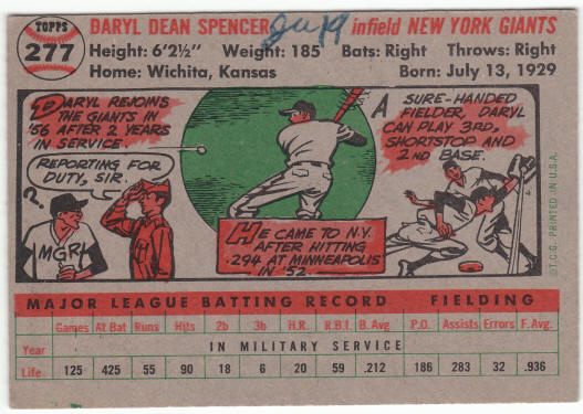 1956 Topps Baseball #277 Daryl Spencer