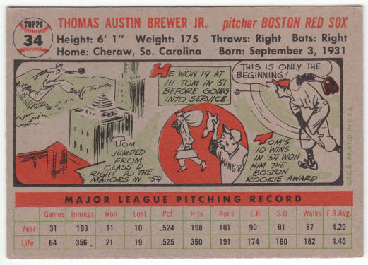 1956 Topps Baseball #34 Tom Brewer