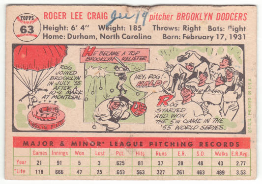 1956 Topps #63 Roger Craig Rookie Card back