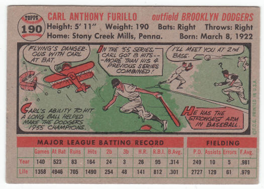 1956 Topps Carl Furillo #190 back