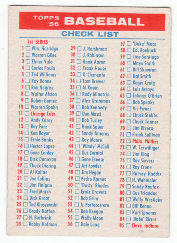 1956 Topps Baseball Checklist 1/3 Ex/M-