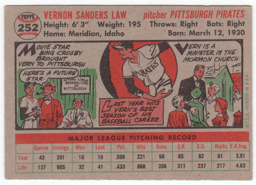 1956 Topps Vern Law #252 back